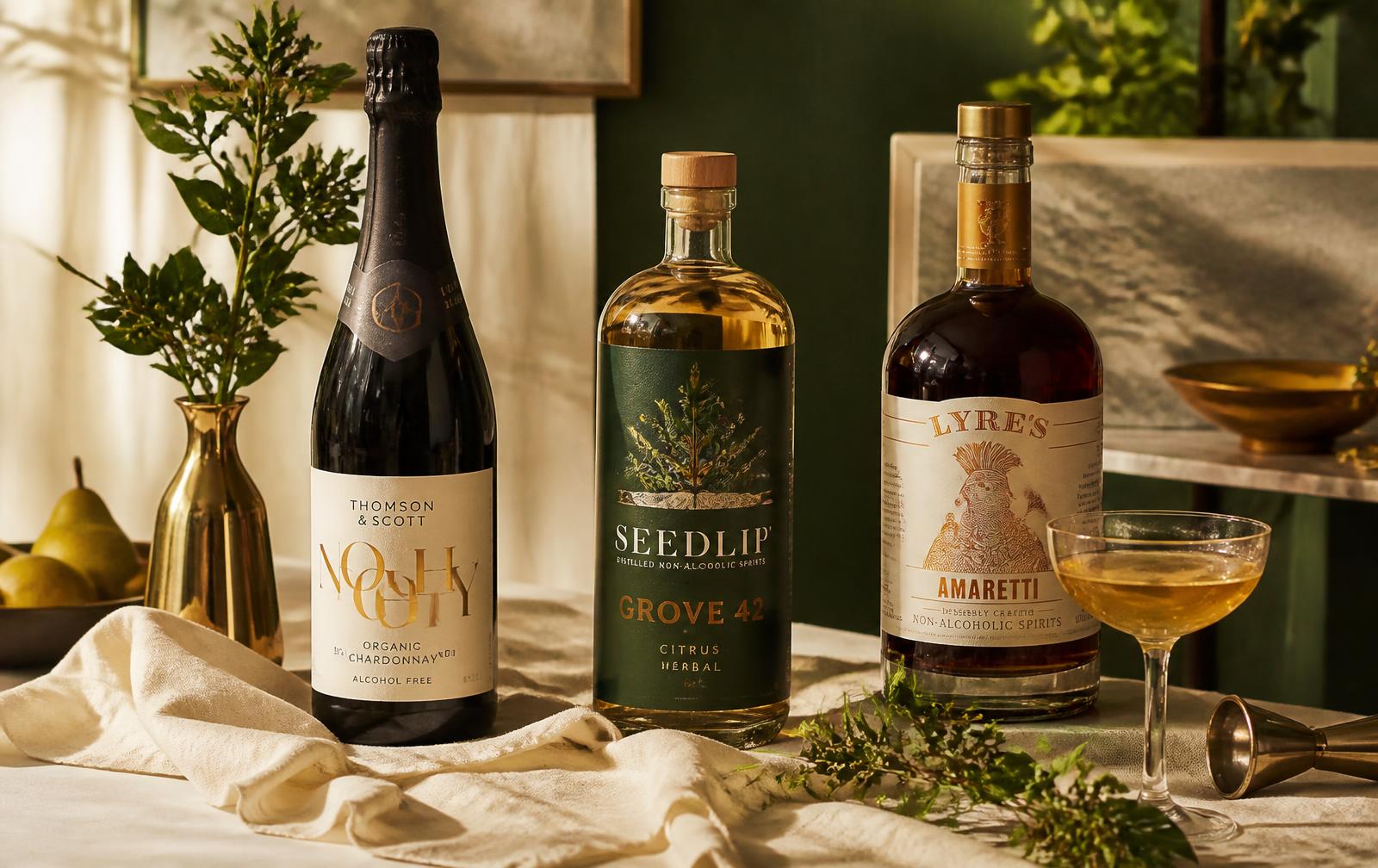 Bouteilles de vins et spiritueux sans alcool réunies sur une table en lin
